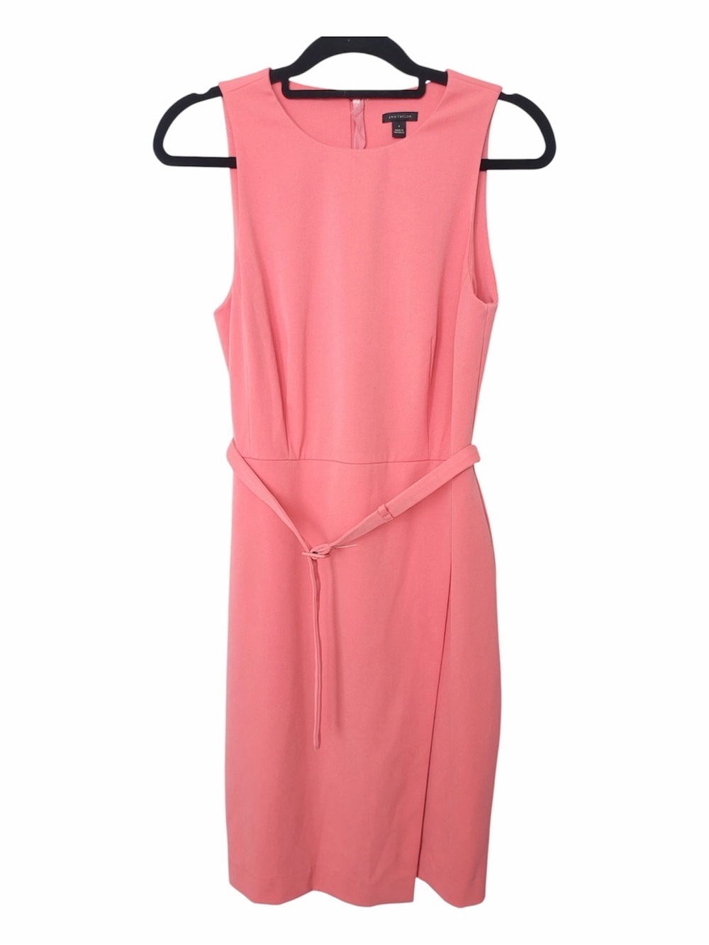✅ Ann Taylor Coral-Pink Midi Sheath Dress with Waist belt size 6